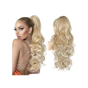 REECHO 24in Ponytail Extension Claw Clip Wavy Medium Blonde Highlights ZJ267